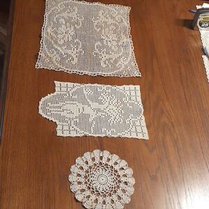 3 pc bundle of vintage tea stained hand crocheted doilies